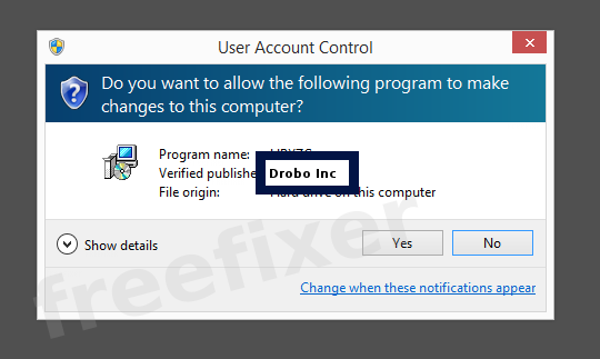 Screenshot where Drobo Inc appears as the verified publisher in the UAC dialog